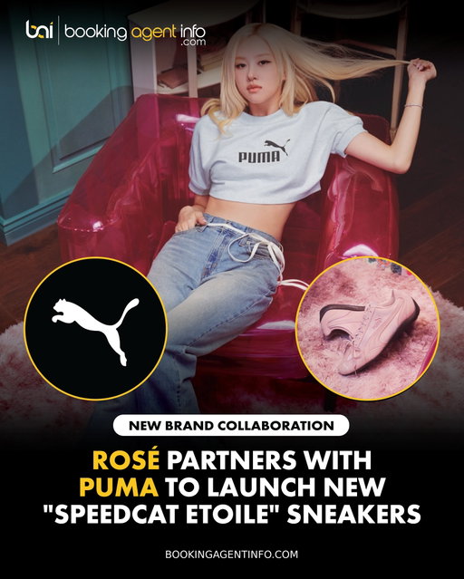 ROSÉ (@roses_are_rosie) has partnered with PUMA (@pumasportstyle) to release the new "Speedcat Etoile" sneakers.

In the vintage-inspired ad spot, ROSÉ effortlessly styles baggy jeans and a white PUMA top with her pink Speedcat Etoiles in her bedroom, posing in the mirror and relaxing on her bed.

The launch deepens ROSÉ’s partnership with PUMA, which began in 2024 when she joined as a global brand ambassador to lead the label’s “Rewrite the Classics” initiative and elevate iconic Sportstyle silhouettes.

The release adds to a stacked commercial portfolio for the K-pop icon. ROSÉ recently starred in Levi’s Super Bowl-debuted "Behind Every Original" campaign, previously fronted SKIMS' romantic Valentine’s Day campaign, and continues to represent YSL Beauty as a global ambassador.

ROSÉ recently made history at the 68th Grammy Awards as the first K-pop solo artist to perform at the ceremony and earn main-category Record of the Year and Song of the Year nominations for her chart-topping hit "APT." alongside Bruno Mars.

Create a free account at BookingAgentInfo.com to be the first to know about new music brand partnerships.

Follow @bookingagentinfo_ for more.