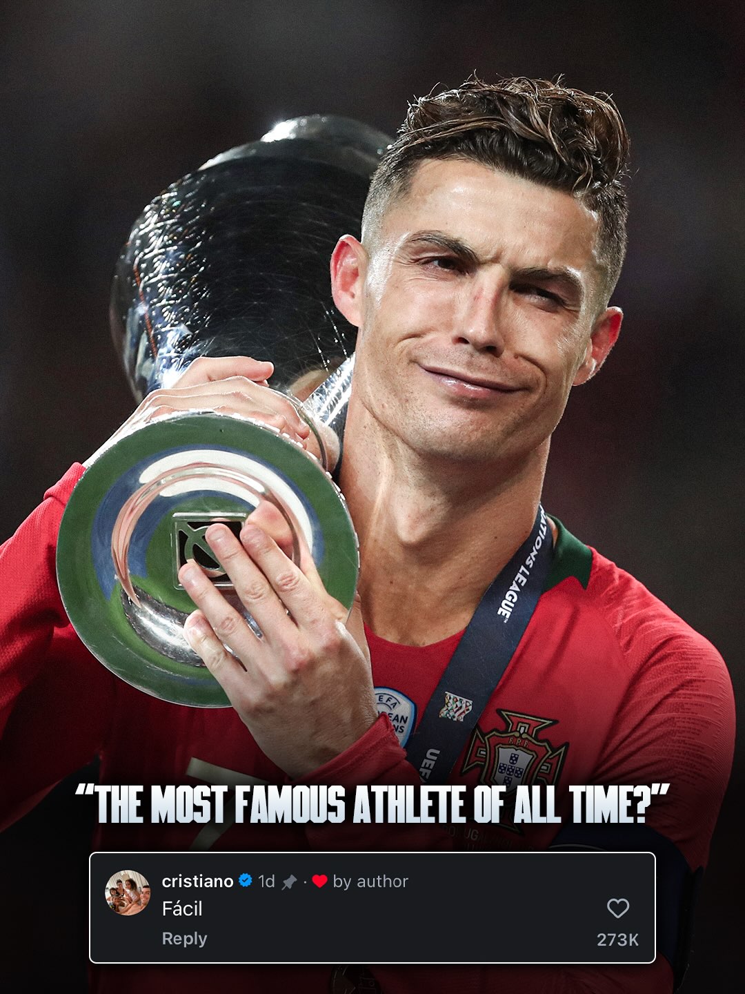 “𝐄𝐀𝐒𝐘” 🤷🏻‍♂️

A programme asked an AI to name the 𝐦𝐨𝐬𝐭 𝐟𝐚𝐦𝐨𝐮𝐬 athlete of all time… the AI’s response:

🥇 Cristiano Ronaldo
🥈 Michael Jordan
🥉 Lionel Messi

Cristiano Ronaldo commented on Instagram: “𝐄𝐀𝐒𝐘” 😮‍💨🇵🇹