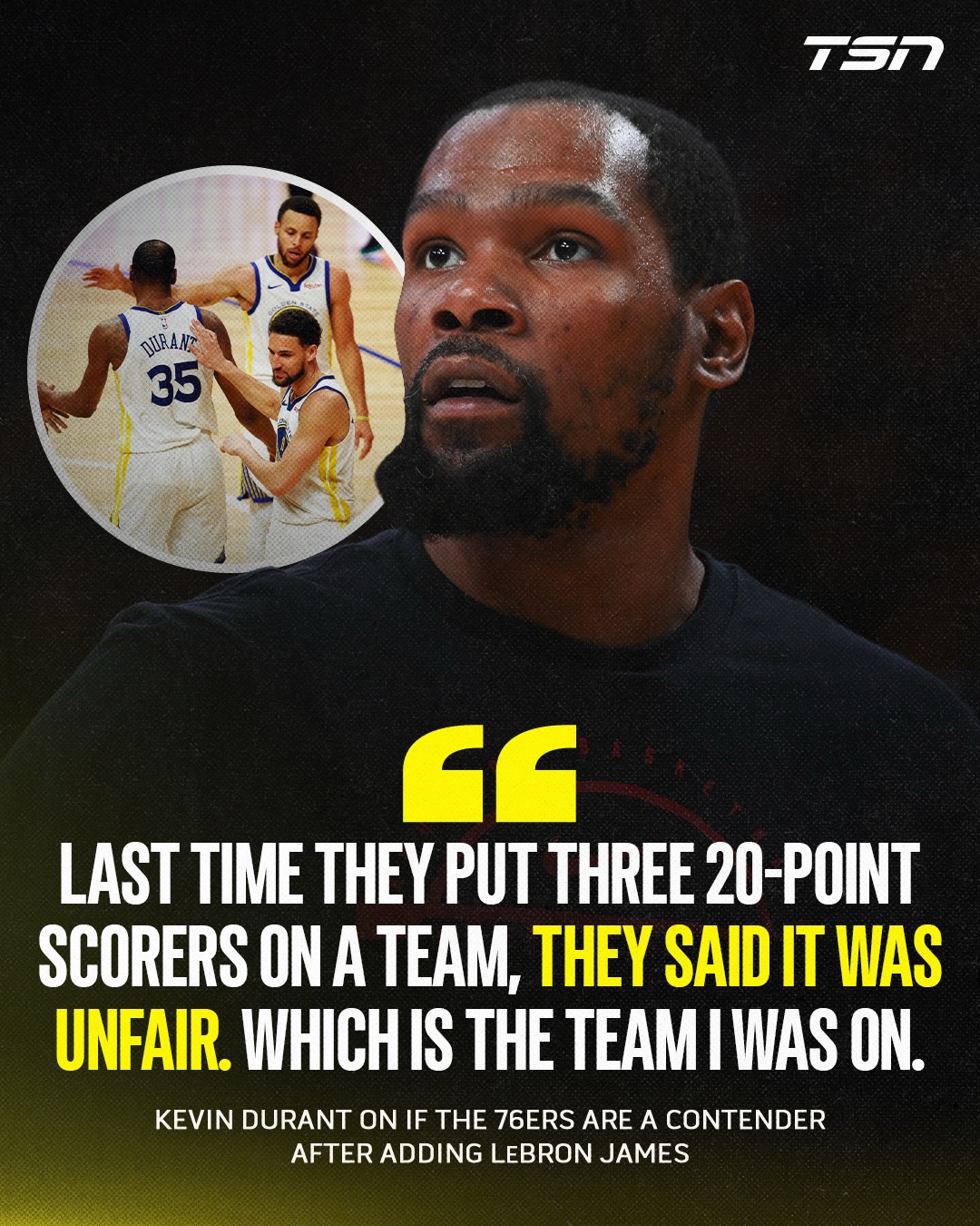KD had quite the comparison when asked about LeBron and Jaylen Brown joining the Philadelphia 76ers 👀

(via: BenGolliver /X)