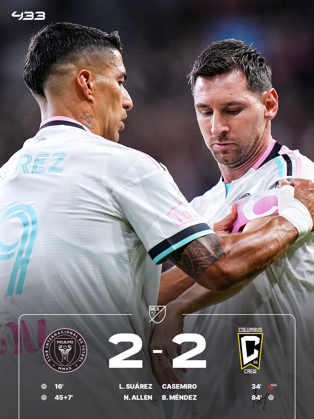 𝐋𝐄𝐎 𝐌𝐄𝐒𝐒𝐈 🟰 𝐁𝐀𝐂𝐊 𝐈𝐍 𝐀𝐂𝐓𝐈𝐎𝐍 𝐀𝐋𝐑𝐄𝐀𝐃𝐘 🫡

Less than 2 weeks after playing in the World Cup final, Lionel Messi is back on the pitch for Inter Miami 💪

39-year-old Luis Suárez scores a 𝘽𝙍𝙄𝙇𝙇𝙄𝘼𝙉𝙏 𝙂𝙊𝘼𝙇, adds an assist, and now has 9 G/A in his last 4 games 🤯🔥

But it's not enough for Inter Miami, who are held to a draw by Columbus Crew after a late equaliser 🤝

🎥 @mls