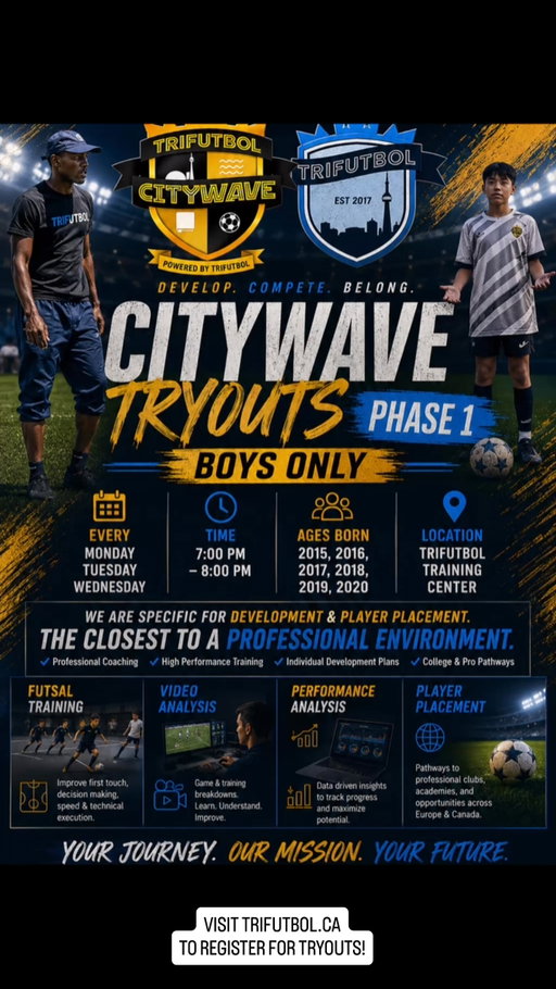 Join One of Canada’s Most Competitive & Intentional Player Development Programs 🇨🇦 🌊 

At TRIFUTBOL CW, we don’t just run training sessions—we develop complete footballers and confident young people.

For years, we have built one of Canada’s most respected player development environments, helping athletes progress to elite Canadian clubs, European football environments, and Provincial Team identification opportunities.

Every part of our program is designed with one goal in mind: helping your child reach their highest potential.

Why Parents Choose TRIFUTBOL CITYWAVE

✅ Full-time player development program with the option to train up to 6 days per week

✅ A structured curriculum built on the TRIFUTBOL Methodology, ensuring every session has a purpose and every player follows a clear development pathway

✅ Dedicated Technical & Futsal Curriculum to maximize touches, creativity, confidence, and decision-making

✅ Individual game analysis and player feedback so players understand how to improve both on and off the ball

✅ High-performance training standards in a positive, disciplined, and professional environment

✅ Age-appropriate coaching focused on technical excellence, tactical understanding, athletic development, and character

✅ Small coach-to-player ratios that allow every athlete to receive personalized attention

✅ Proven success developing players who have progressed into elite Canadian environments, European football opportunities, and Provincial Team pathways

More Than Just Training

We believe every child deserves coaches who care, a curriculum that is intentional, and an environment that inspires confidence, accountability, and a genuine love for the game.

THIS IS A HIGH PERFORMANCE ENVIRONMENT. 

PLAYERS ARE SELECTED TO REPRESENT @trifutbolcitywave 
Develop. Compete. Excel.

Train with purpose. Grow with confidence. Reach your potential with TRIFUTBOL.