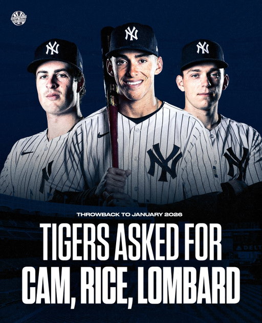 In this offseason when the Tigers dangled Tarik Skubal in trade talks, they asked the Yankees for Cam Schlittler, Ben Rice, and #1 prospect, George Lombard Jr. 

Half a year later, the Tigers ship him off to the Dodgers for a package involving prospects Zyhir Hope (#5), River Ryan (#7), and Brady Smith (17). 

Rice and Schlittler have both made astronomical leaps this season and appear to be pieces for the long haul in New York while George Lombard Jr should debut soon, and has become the Yanks’ top prospect.