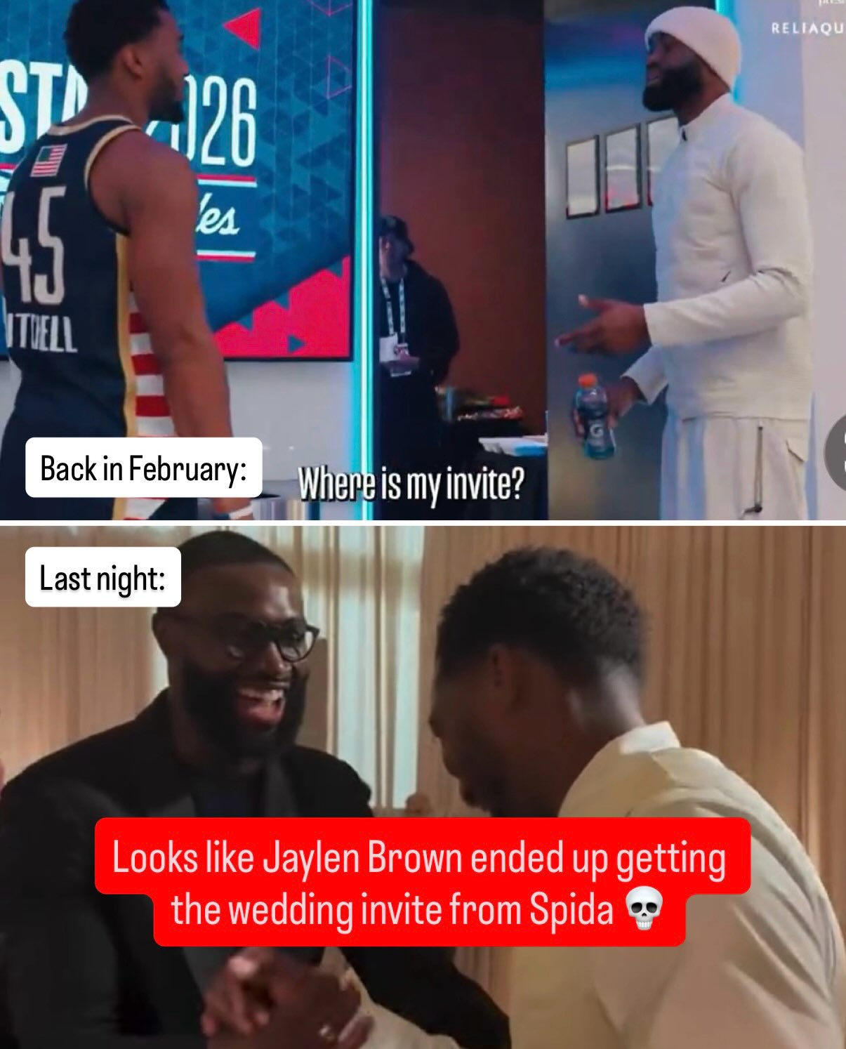 Donovan Mitchell and Coco Jones tied the knot this weekend and Jaylen Brown WAS in attendance, despite his previous concern at All-Star weekend. 😂😂
[via @celtics, @fchwpo, h/t lockedupjb/X]