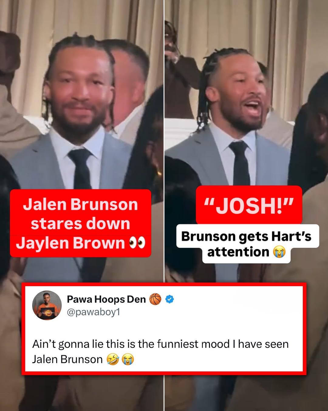 Jalen Brunson was NOT taking his eyes off Jaylen Brown 👀😂

(via @fchwpo , h/t pawaboy1/X, tonberrysknife/X)