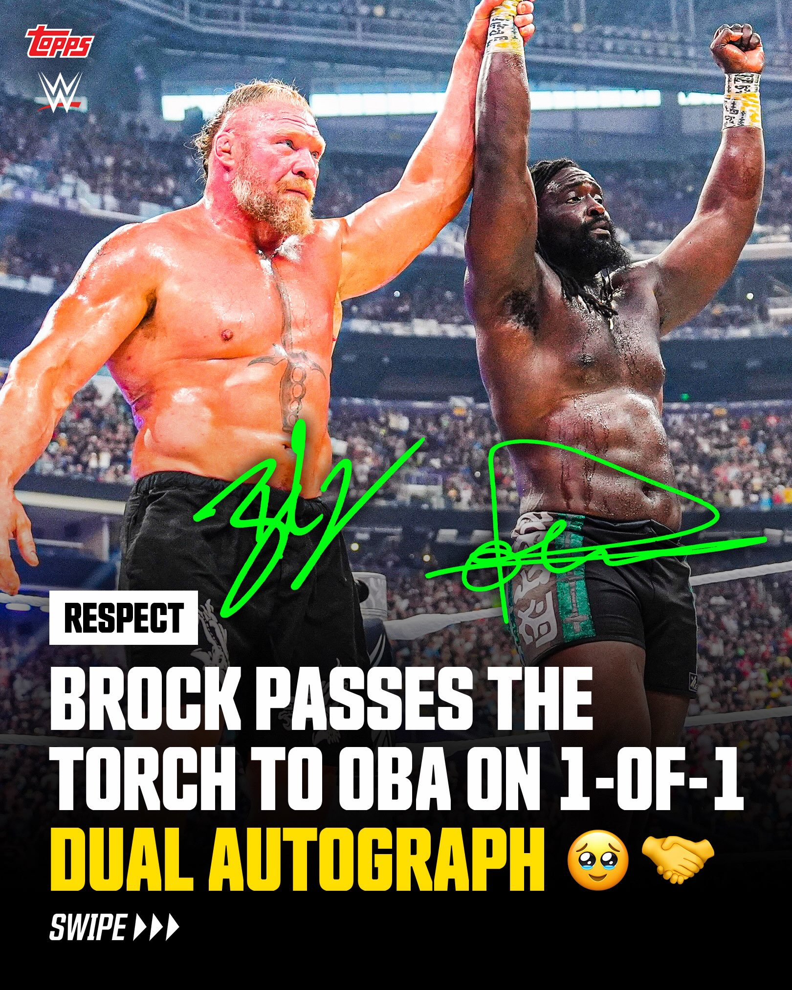 RESPECT 🤝 Brock Lesnar & Oba Femi end their epic trilogy on a historic 1-of-1 dual autograph card. 

One collector who purchases the base edition of this card will receive the 1/1 dual auto with their order… Link in story!