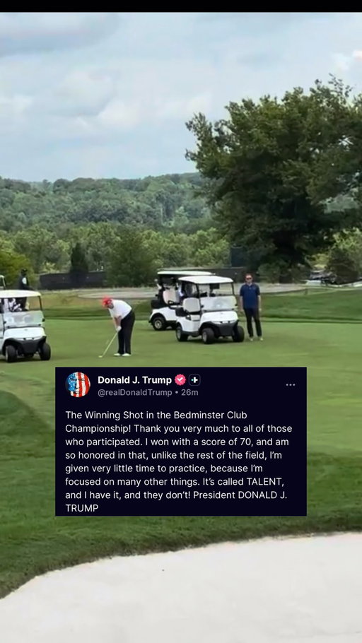 President Trump claims another trophy this past week at @trumpgolfbedminster ⛳️ 

He posted this winning shot on his Truth Social.