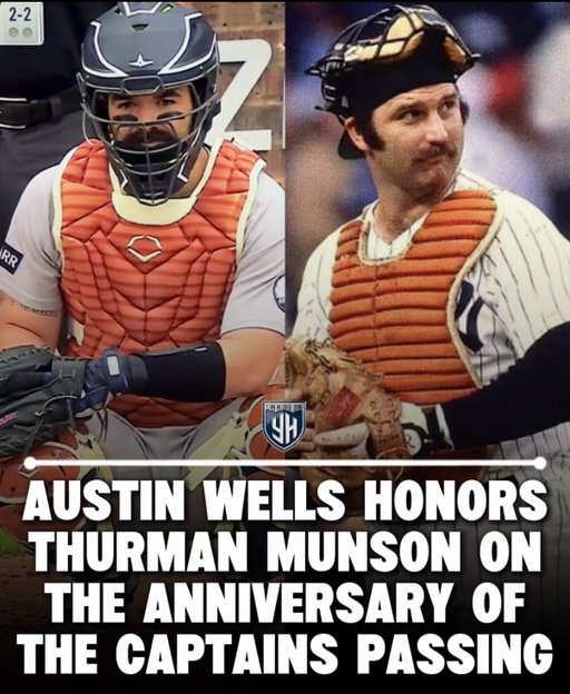 Classy tribute by Austin Wells to the late Thurman Munson who died on this day in a plane crash 47 years ago. 

Munson iconically wore orange catchers gear during his time with the Yankees.
