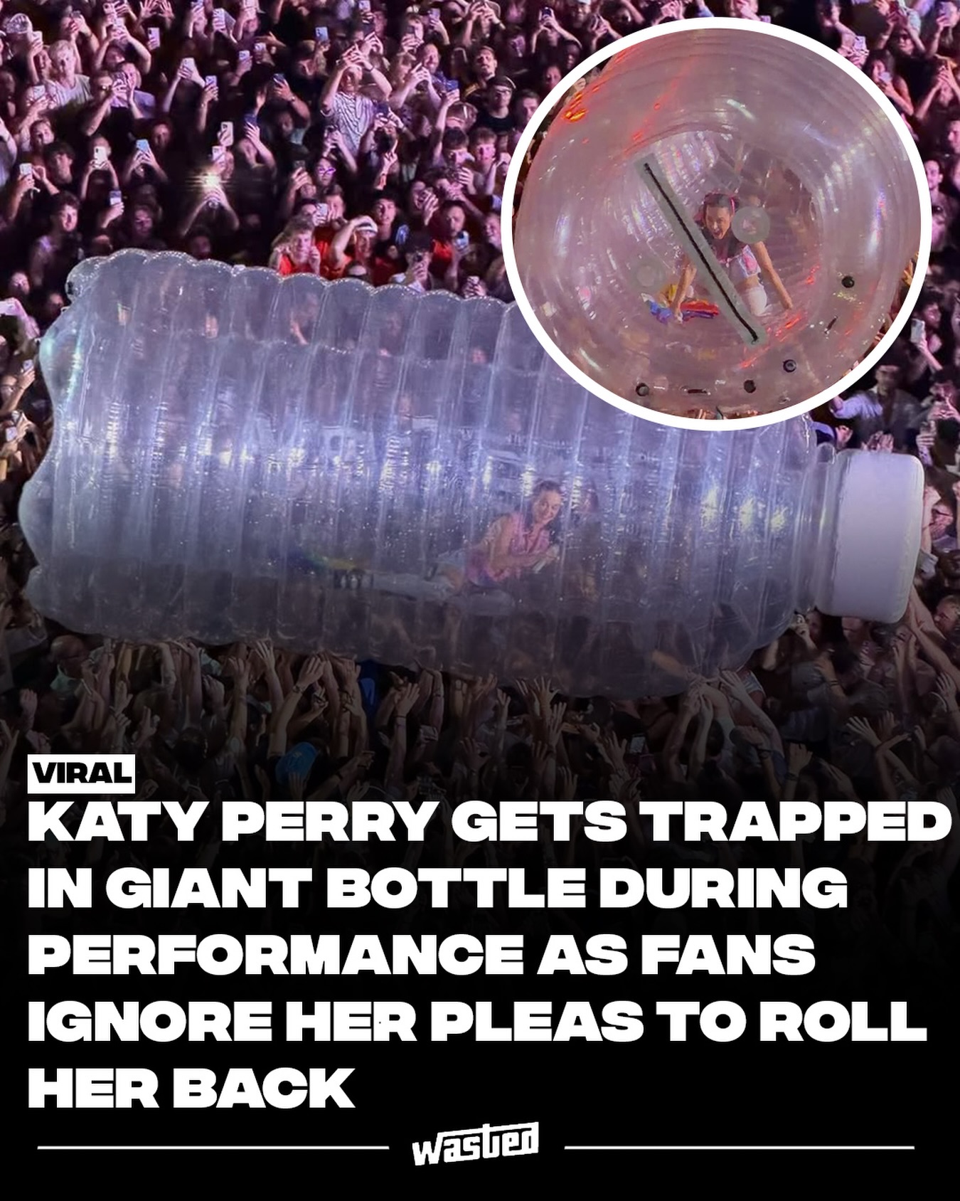 Katy Perry spent several minutes stranded above a crowd inside a giant inflatable water bottle after fans repeatedly pushed her in the wrong direction. The stunt came during her headline set at Isle of MTV Malta at the Floriana Granaries on July 22, where the 41-year-old, in a sparkling silver outfit, climbed into the human-sized transparent prop nicknamed “Katyade” during a run through “Hot N Cold” and “I Kissed a Girl.” The plan was for the audience to carry her across the crowd toward an enormous matching straw set up near the stage. Once she was overhead, different sections of the crowd started shoving the bottle in competing directions, and footage shows her gesturing with both hands and calling out “get me to that straw” while drifting steadily further from it.

The equipment worked exactly as designed. The crowd simply ignored the navigation. Perry was eventually redirected, completed the sequence without injury, and carried on with the set, waving a Maltese flag and pulling fans onstage. She had run the same stunt successfully at a show in France, where the audience delivered her to the straw as intended. It joins a growing list of viral moments involving her oversized props, including a Lifetimes Tour performance in San Francisco where a mechanical butterfly carrying her over the audience dropped and tilted mid-song.

Sources: Fashion Times, Isle of MTV, Instagram.