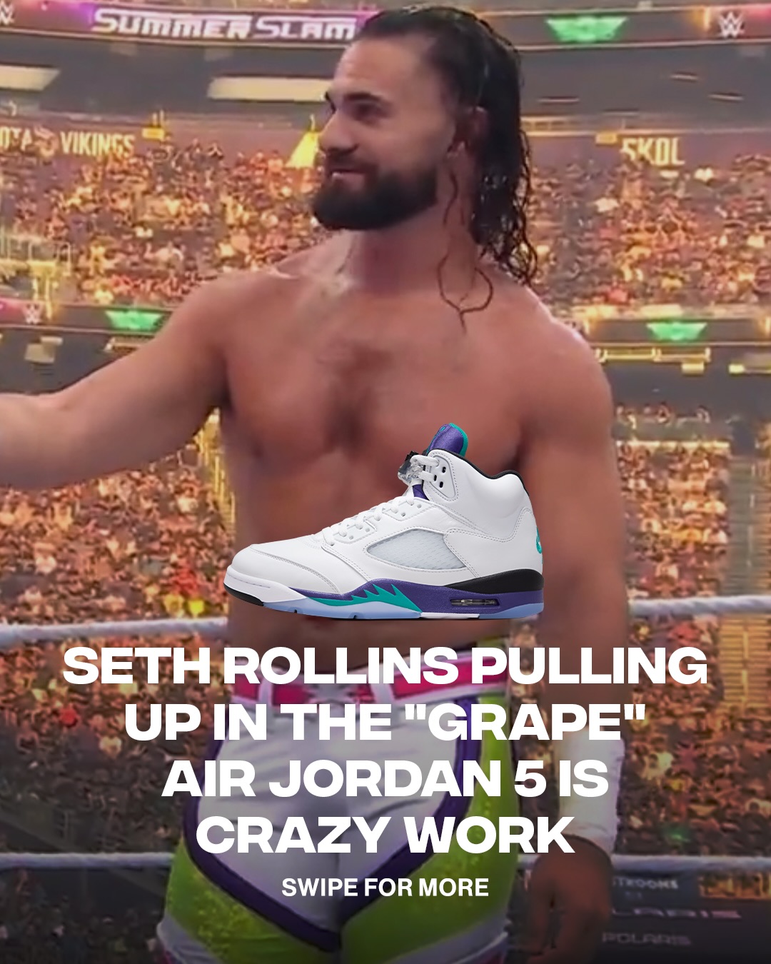 Nah, Seth Rollins wrestling in the “Grape” Air Jordan 5 at SummerSlam is wild 🤯🍇

📸: (x) FadeAwayMedia