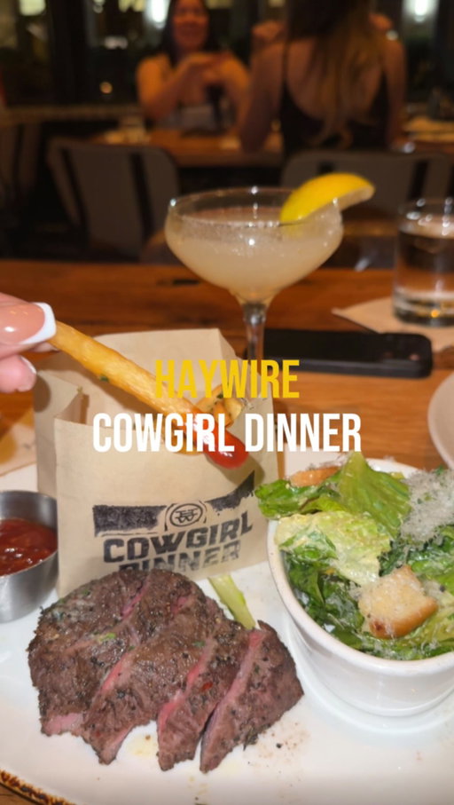 Cowgirl dinner @haywirerestaurants 🤠

Comes with:
🥩 5oz Steak
🍟 Tallow Fries
🥗 Caesar Salad 
🍸 Lemon Drop Martini or Margarita 

#100thingsindallas #thingstodoindallas #dallasrestaurants #girldinner