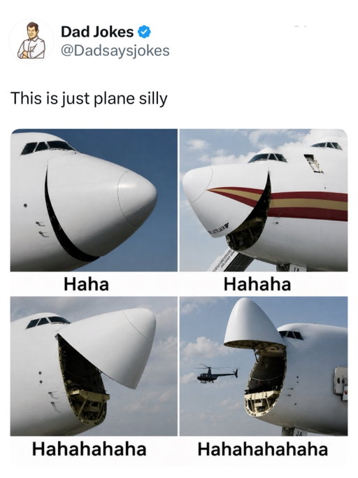 Many large cargo planes have a nose that swings or lifts open because it allows them to load oversized cargo that simply would not fit through a side door. Tanks, helicopters, wind turbine parts, satellites, and other bulky equipment can be driven or lifted straight into the aircraft without awkward turns. Aircraft like the Boeing 747 Dreamlifter, Antonov An-124, and Antonov An-225 use this design to maximize the size and speed of loading.

Although it looks risky, the nose is extremely secure in flight. It is locked by multiple heavy-duty latches and monitored by sensors to ensure it cannot accidentally open in the air. In fact, the cargo door is engineered to withstand enormous aerodynamic forces. The design only seems dangerous because we’re used to the front of a vehicle being the one part you’re absolutely not supposed to open while moving.

Like this content? Follow us for more @dadsaysjokes ❤️