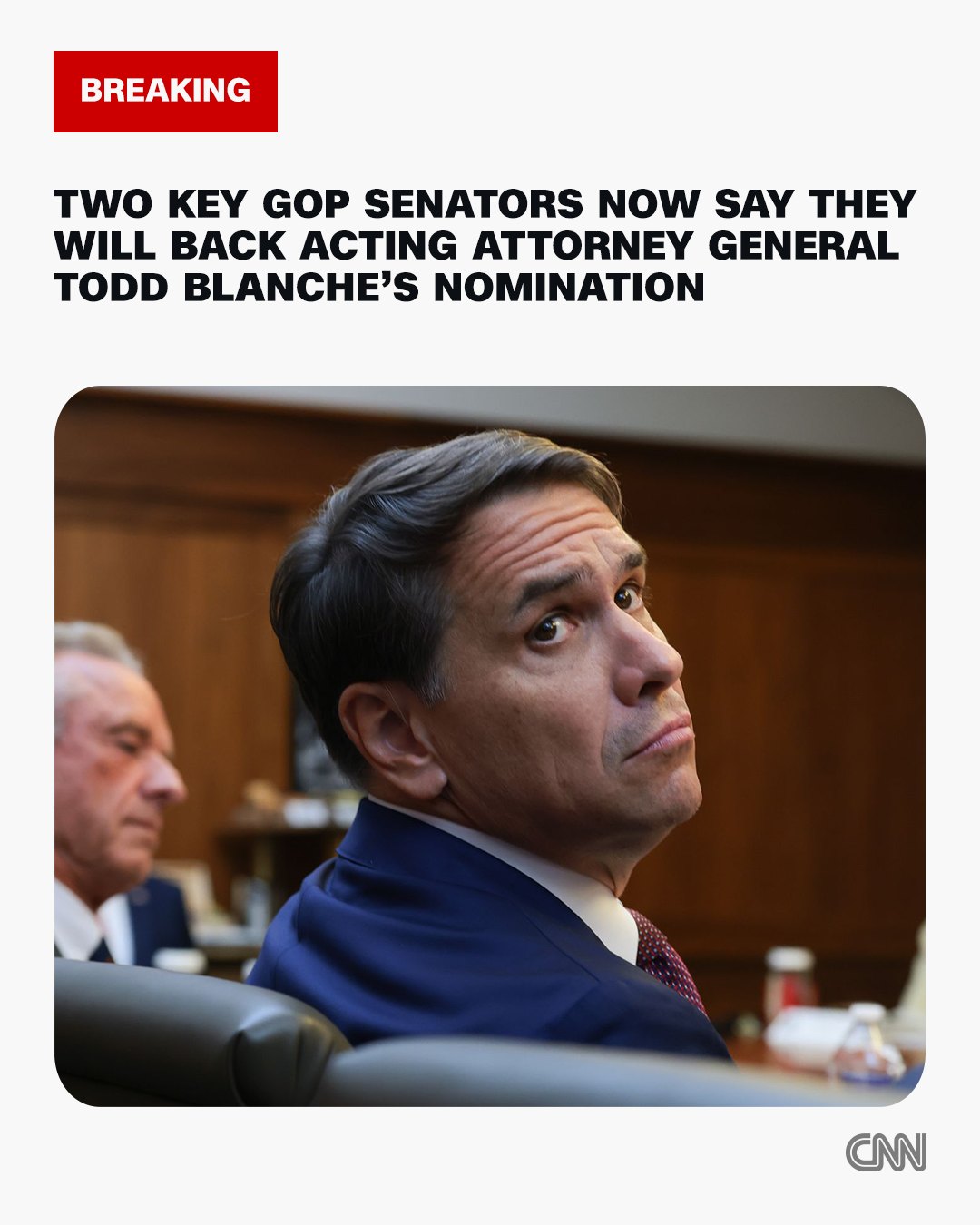 Two key Senate Republicans said Monday they will back Todd Blanche, Donald Trump's nominee for attorney general, after he rescinded the president's "anti-weaponization" fund.

Blanche's order late Sunday formally rescinding the president's $1.8 billion fund ended an impasse with the senators, Thom Tillis of North Carolina and John Cornyn of Texas, who threatened to block his nomination over the controversial agreement.

"My team and I have met with committee members and Senators over the past several weeks and addressed any concerns or outstanding questions," Blanche posted on X. "We have enjoyed good faith discussions, and as a result issue the following order and update with regard to the May IRS settlement."

Blanche, who is serving as acting chief of the Justice Department, attached an order dated Sunday to his post that said, "The Attorney General's May 18, 2026 Order establishing the Anti-Weaponization Fund ('Fund') is rescinded and shall have nor force or effect."

The controversial fund — created as part of an agreement to settle a lawsuit from Trump against the IRS — was at the center of resistance to Blanche's nomination from Cornyn and Tillis, who sit on the Senate Judiciary Committee.

The senators said in a joint statement Monday they were "pleased" with Blanche's order and they "look forward to voting to advance his nomination out of the Senate Judiciary Committee soon."

Tap the link in @cnn's bio for more.

📸: Anna Moneymaker/Getty Images