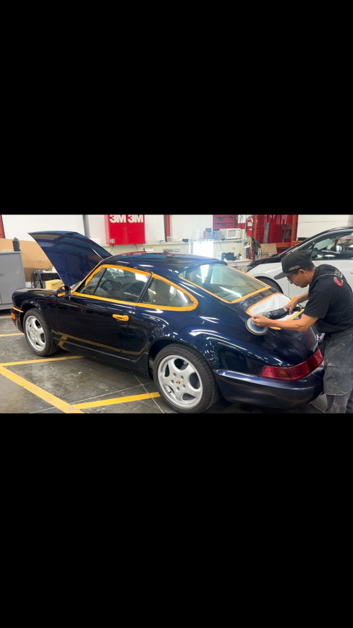 Final finishing touches getting performed before we display this at the Porsche Werks Reunion at Monterey Car week, we were able to save the original paint and do a nice color sand cut and polish. #porschechallenge26 #classicrestorationchallenge #porsche #porsche911 #porsche964