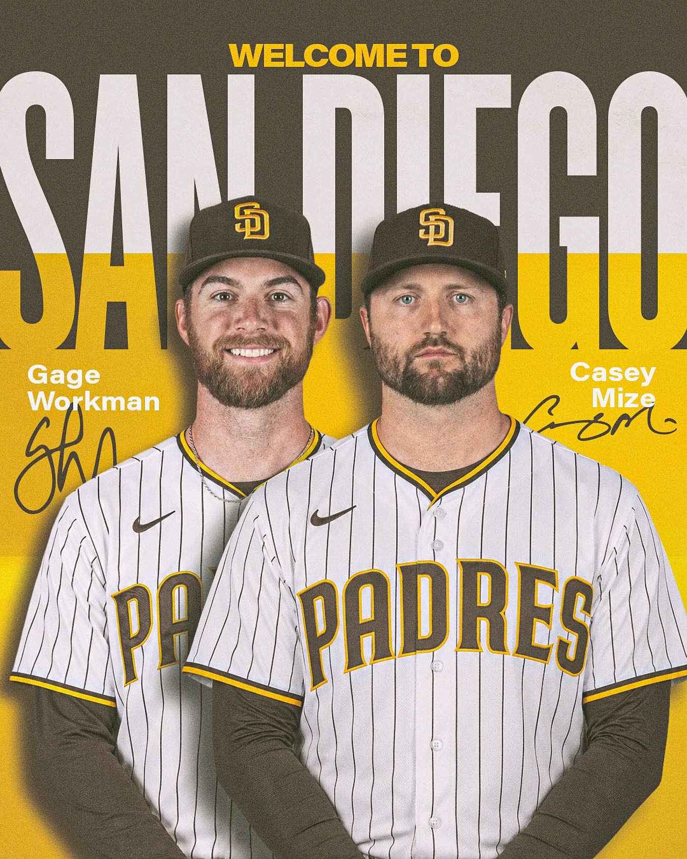 Welcome to San Diego, Casey and Gage! We have acquired right-handed pitcher Casey Mize and infielder Gage Workman from the Detroit Tigers in exchange for left-handed pitchers Kash Mayfield and Jackson Wolf.