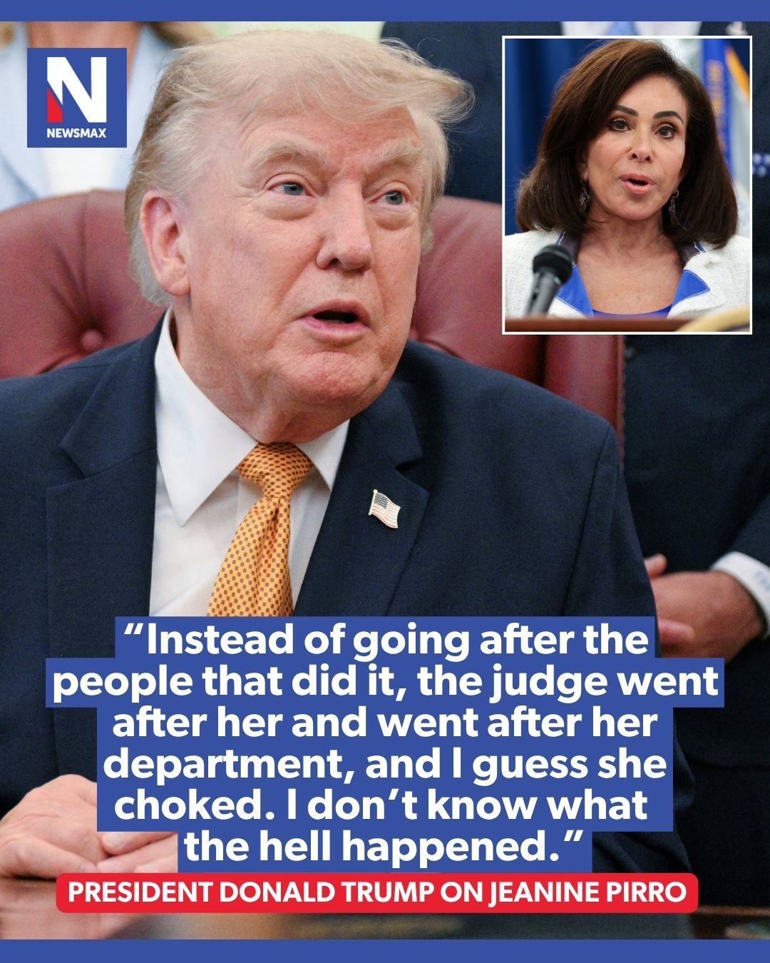 President Donald Trump sharply criticized U.S. Attorney Jeanine Pirro on Monday for dropping a case of alleged vandalism at the Lincoln Memorial Reflecting Pool in Washington. ⁣
⁣
"Instead of ‌going after the people that did it, ​the judge went after her and went after her department, and I guess she choked. I don't know ⁠what the hell happened," Trump told reporters.⁣
⁣
Pirro's office said in a ​court filing on Friday that the damage resulted from shoddy construction, ⁠not vandalism, and moved to drop charges against former Olympian David Hearn, who was accused of deliberately damaging the newly renovated pool ahead of the nation's ‌250th birthday celebration last month.⁣
⁣
For more info on this story, please visit the link in our bio or Newsmax.com.