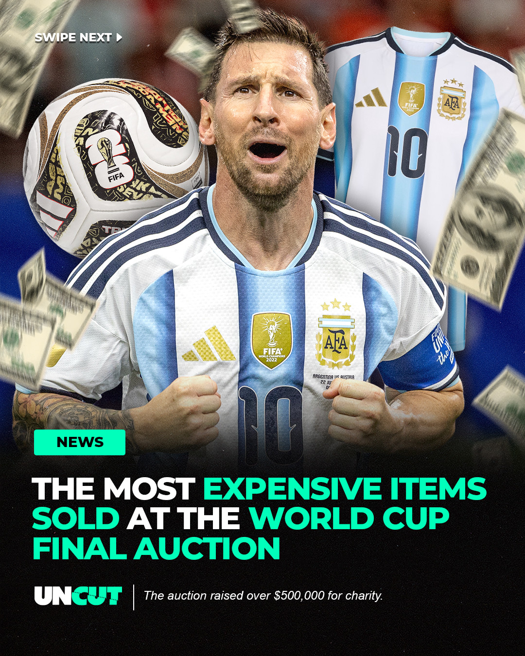 The World Cup final auction raised over $500,000 for FIFA’s Global Citizen Education Fund ⚽⁠
⁠
Items included the final match ball sold for $110,000, Lionel Messi’s signed jersey for $66,000, and BTS memorabilia for $46,200 💰⁠
⁠
What do y’all think⁉️👀