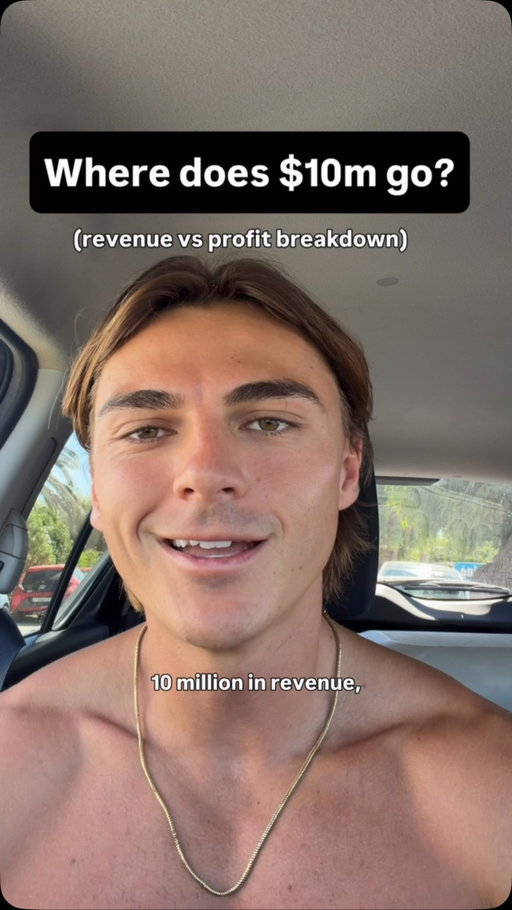 $10m in revenue is not $10m in profit. As you scale your margins go down, it’s just part of life. Here is a breakdown on some of my expenses

Remember you gotta spend money to make money. Most coaching / info businesses you can scale at a 50-60% margin if done right but costs do blow out as you scale. 

I don’t own a fancy car or house. Instead of I back myself to 100x return on my business. Bootstrapping an app to $100m val is no joke. Let’s run it.