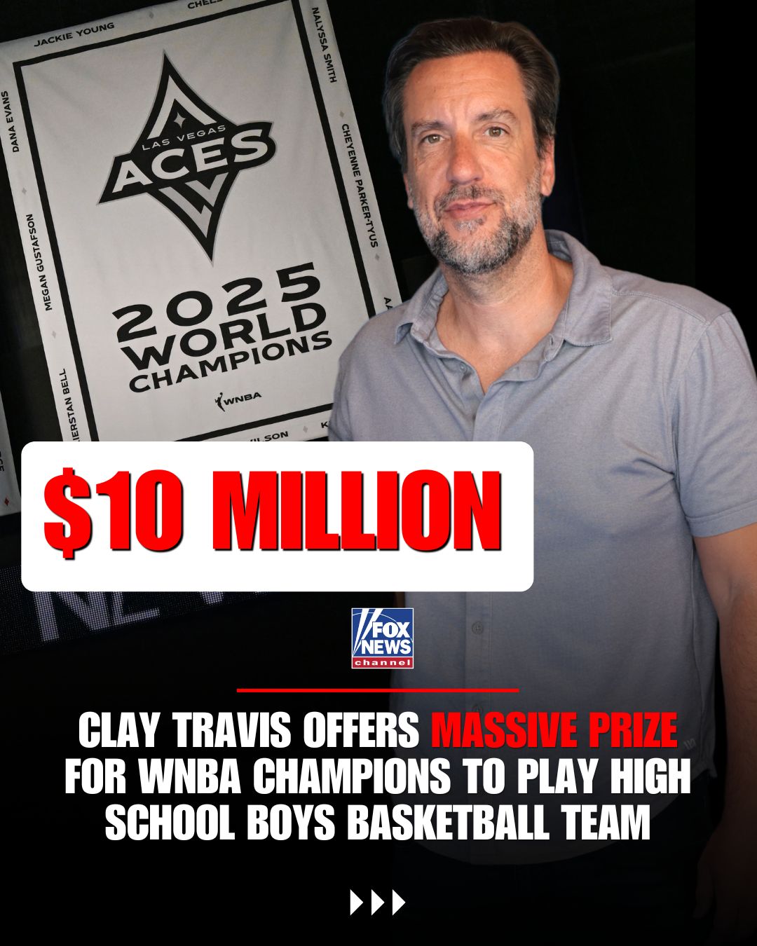 The debate over women's sports isn't slowing down, and now @claytravisoutkick  is putting $10 million on the table.

The @outkickthecoverage  founder is challenging the defending WNBA champions, the Las Vegas Aces, to face a boys high school state championship team, arguing the league should stand behind what supporters of transgender inclusion in women's sports believe.

"If the Aces beat my team, I will give them $10 million."

Travis notes the prize would amount to roughly one-third of the Aces' estimated annual revenue.

So far, there has been no public response from the team.