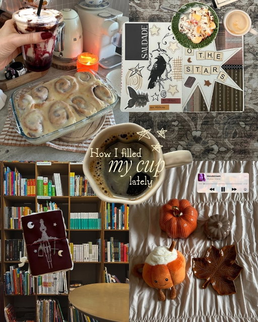 A little recap of how I filled my cup lately and tried to make the best out of summer as a fellow summer hater and fall girlie 🍁

Here are some things I did to make my days softer:
- I went fall shopping and it was the best serotonin boost
- I went to the movies twice for two good movies
- I saved some new songs and artists an Spotify
- I started to make a lot of PSL at home 
- I also made a lot of comfort food (mostly baking)
- I used my hands to create another leather journal
- I curated a morning lineup that eases my mind 
- I decided to dress up despite the heat 

It may looks like nothing but all these things really helped me to bring more coziness to my daily life lately and soothe my soul that craves fall desperately. It’s also a way for me to stay creative and keep my whimsy close to me which I’m all for 🖤

How do you fill your cup lately?
.
.
.
.
#cozylife #fallgirl #fillyourcup #romanticizinglife #slowlife small moments, quiet life, fall shopping, pumpkin spice latte, movies, journaling