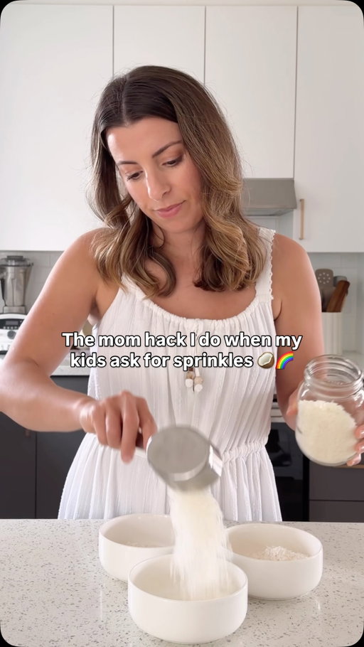 Swapping store bought sprinkles for rainbow coconut sprinkles 🌈🥥 Zero artificial dyes and sugar free!
SAVE this recipe for later ✔️

INGREDIENTS 🥥
½ cup unsweetened shredded coconut
½ tsp natural food powder:
🩷Pink/red: Beetroot or dragonfruit powder
💛Yellow/orange: Turmeric powder
💚Green: Green Spirulina (use a Hawaiian brand as they aren’t fishy tasting)
💙Purple/blue: Blueberry powder or Blue Spirulina
🤎Brown: Cocoa powder
1 tsp water (just enough to lightly dampen, not soaking wet)
Optional: a drop of vanilla extract and/or liquid stevia for flavour

DIRECTIONS
1. Preheat the oven to the lowest setting (ideally 175°F or under). If your oven doesn’t go that low, prop the door open slightly with a wooden spoon. Use the “fan off” setting if possible. 

2. In a small bowl, combine the coconut, natural food powder and mix throughly until evenly coated. Let it sit for a minute or two to absorb. 

3. Line a baking sheet with parchment paper or a silicone mat. Spread the coloured coconut in a thin, even layer. Break up any clumps with a fork. Repeat for other colours on separate sections or trays. 

4. Place in the oven for 30-60 minutes until fully dried. Stir gently every 20–30 minutes with a fork to ensure even drying and break up clumps. Check frequently near the end. They’re done when fully dry and crisp. Do not let them brown or burn. 

5. Remove from the oven and let cool completely on the tray (they crisp up more as they cool). Store in an airtight jar or container at room temperature 4-6 weeks. Sprinkle on ice cream, yogurt, chocolate pudding, smoothie bowls, etc