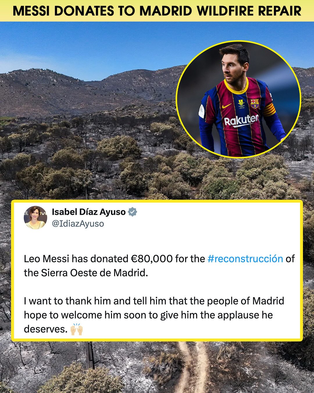 Lionel Messi donated over $90,000 towards the reconstruction after wildfires devastated the countryside. The fires, which have spread across Spain, France, and Greece since mid-July, are said to be the worst in Madrid’s history.

The President of the Community of Madrid, Isabel Díaz Ayuso, announced Messi’s donations in a post to her X account.