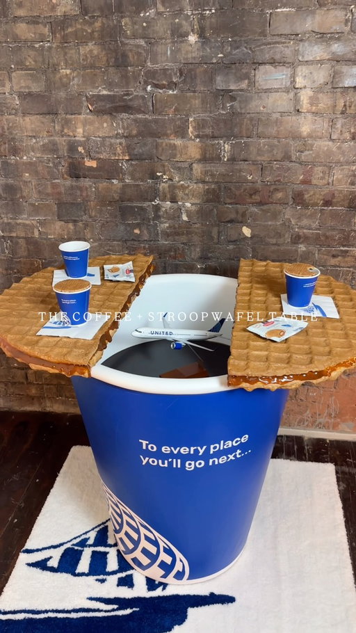 A coffee table with a twist. And a drizzle. ✈️☕️🧇 
 
The Coffee + Stroopwafel Table was built to celebrate the new United paper cup that’s rolling out on board select flights now and hitting the rest of our routes and United Clubs soon. The switch will help cut down on about 250 million single-use plastic cups annually, which, for the AvGeeks, is equal to the weight of about 13.5 A321neos! 
 
#Stroopwafel #Coffee #CoffeeTable #Travel #UnitedAirlines