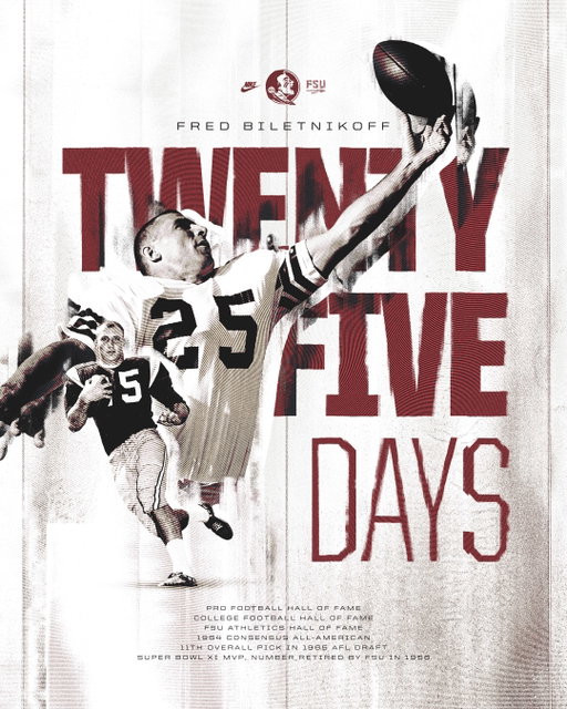 2️⃣5️⃣ Days to Kickoff: Fred Biletnikoff

🍢 FSU’s first Consensus All-American in 1964
🍢 Inaugural FSU Hall of Fame Class of 1977
🍢 1988 Pro Football Hall of Fame
🍢 1991 College Football HOF
🍢 Super Bowl XI MVP

#nolefamily