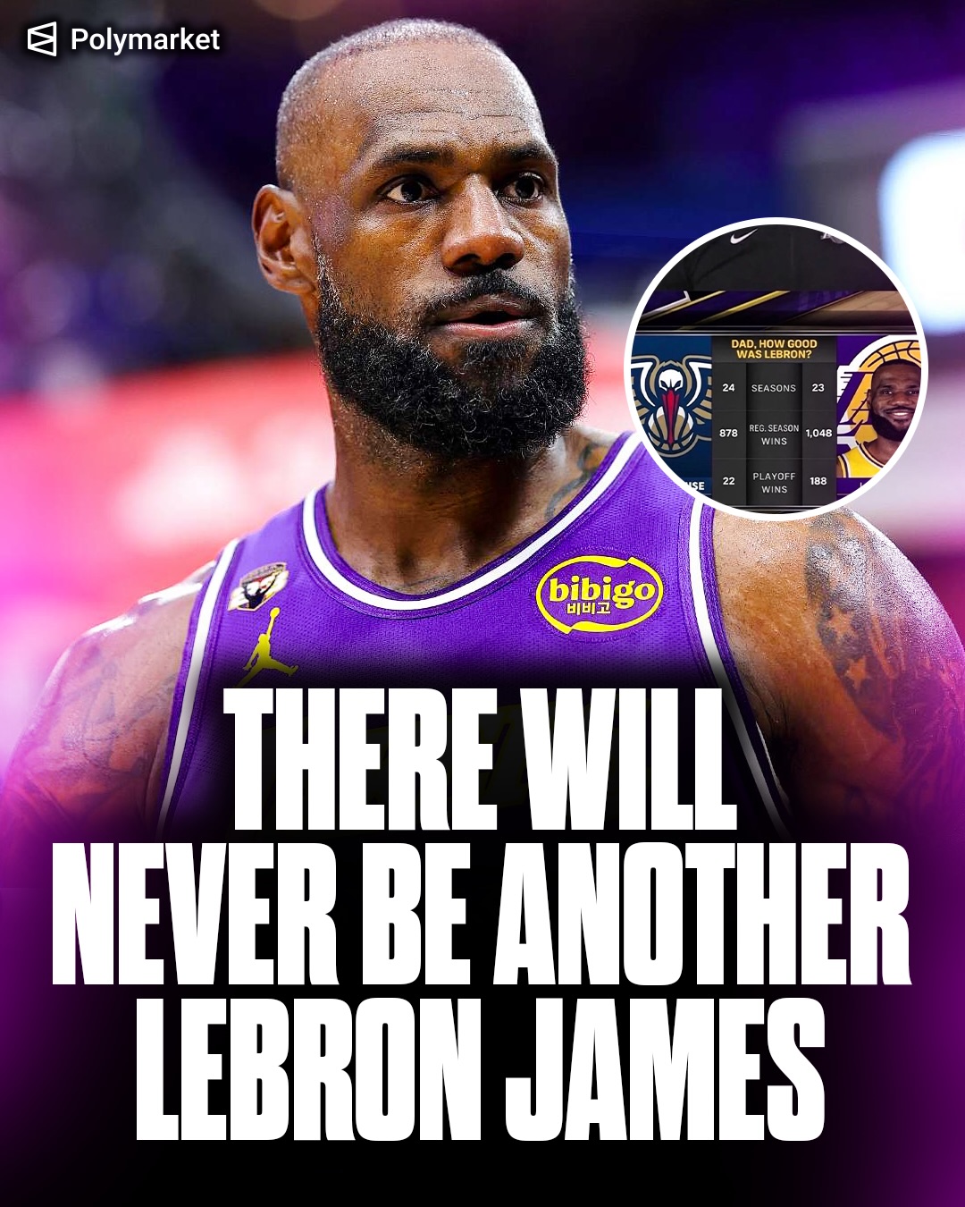 “Dad, how good was LeBron James?” 

This graphic shows how incredible LeBron James’ career has been by comparing him to an entire NBA franchise. In one fewer season than the Pelicans have existed, LeBron has been part of more regular-season wins and over eight times as many playoff wins.

It’s not a perfect comparison since franchises rebuild over time, but it highlights LeBron’s unmatched longevity, consistency, and ability to lead winning teams throughout his career.