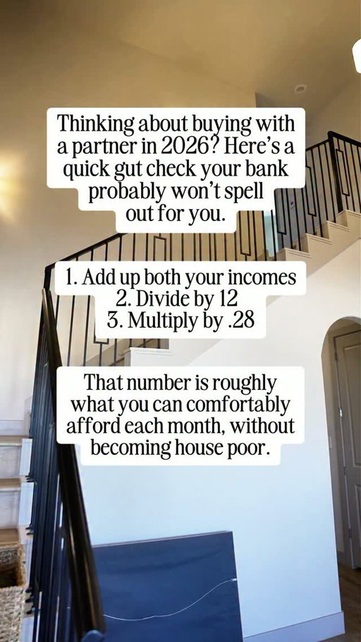 Buying a Lubbock home with a partner in 2026?
Here’s a Simple 3-Step Mortgage Check

If you and a partner are planning to buy a home in 2026, use this quick bank-style gut check to estimate a comfortable monthly mortgage payment.

It’s a straightforward 3-step rule lenders may not clearly explain:

1. Add up both incomes: Combine your gross annual incomes (before taxes) from both partners. Use income that lenders would count: salaried wages, documented bonuses, and other verifiable earnings.
2. Divide by 12: Convert the combined annual income into a monthly figure by dividing by 12.
3. Multiply by 0.28: Take 28% of that monthly income. The resulting number is a rough comfortable maximum for your monthly mortgage payment

Why this matters :
This method gives a conservative, easy-to-calculate monthly payment target designed to help you avoid becoming “house poor” paying so much for housing that other bills and savings get squeezed.

Follow for more tips!