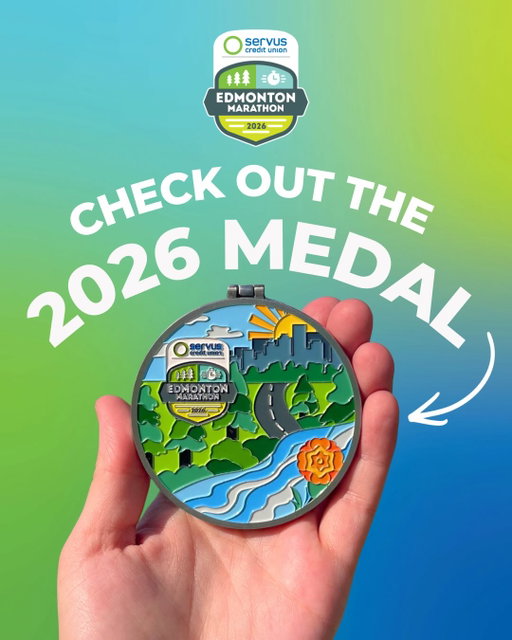 The 2026 Servus Edmonton Marathon medal is crafted from the spirit of our city ✨

You’ll spot the river valley’s winding trees, the mighty North Saskatchewan River, and the urban roads that carry thousands of runners toward the finish line. The design blooms with the marigold , Edmonton’s official flower, representing warmth, resilience, and community spirit.

A medal grown from the landscape we love 💚

#servusedmontonmarathon #marathonmedal #yegmarathon #medal #edmontonmarathon