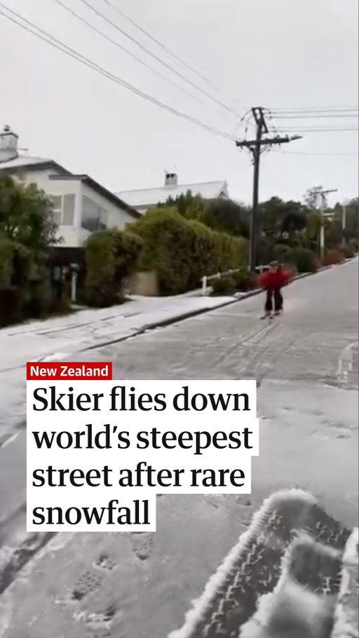 A skier has plunged down Dunedin’s Baldwin Street – recognised by the Guinness World Records as the world’s steepest street – after snow blanketed parts of New Zealand. Temperatures have plummeted across New Zealand, giving the southern city’s residents a chance to ski through the streets. Wellington experienced snow for the first time in 15 years.

#skier #snow #newzealand