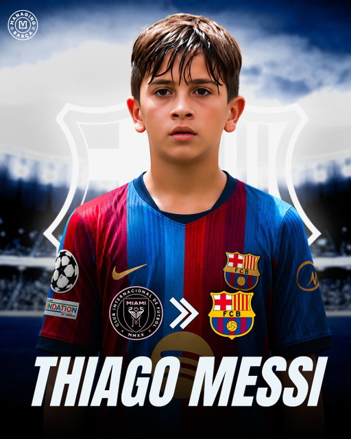 🚨🚨🌕| 𝐁𝐑𝐄𝐀𝐊𝐈𝐍𝐆: Everything indicates that Thiago Messi will JOIN Barcelona’s U14 side in November to begin his journey at La Masia, according to recent reports.

The Messi surname is set to RETURN to Barça, with Lionel’s eldest son ready to follow the same path that turned his father into a club legend. 

Now, it’s Thiago’s turn to write his own story. ⭐️💙❤️