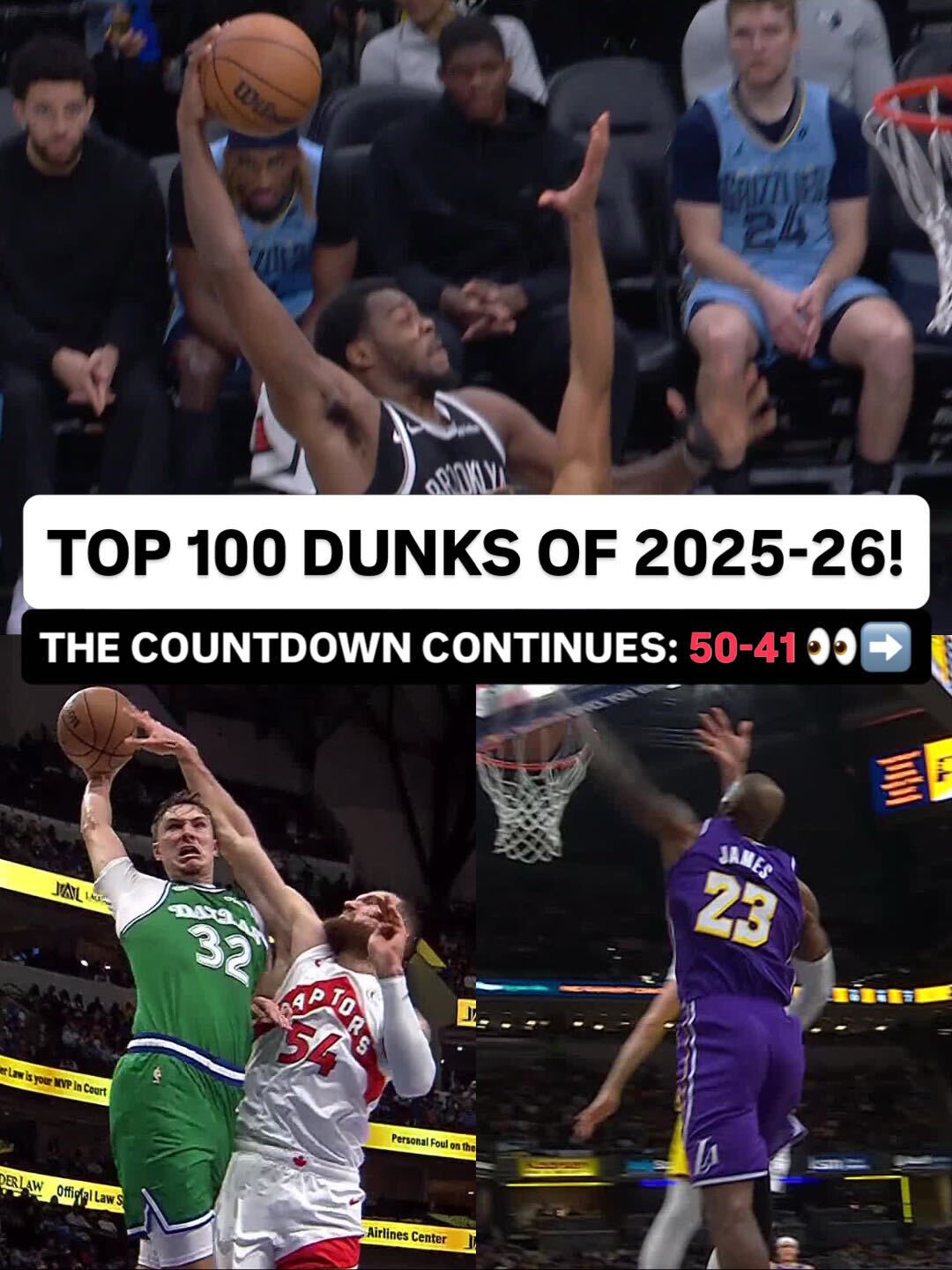 Counting down the top 100 dunks of 2025-26 🍿

50. LeBron James

49. Kelly Oubre Jr.

48. Victor Wembanyama

47. Myles Turner

46. Shaedon Sharpe

45. Cade Cunningham

44. Jaylen Brown

43. Day’Ron Sharpe

42. LeBron James

41. Cooper Flagg