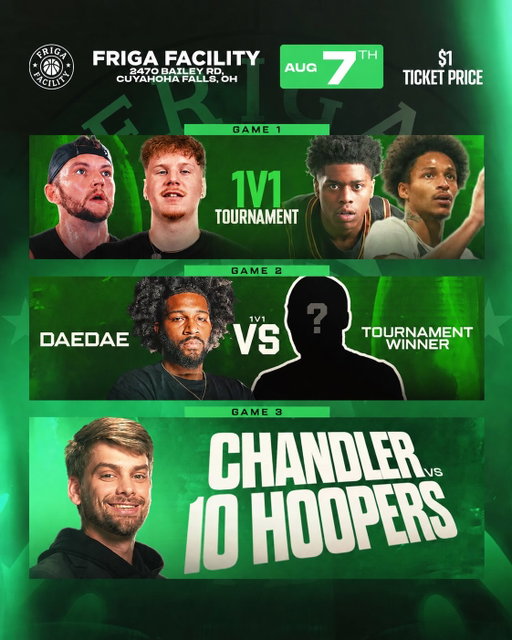 🚨 THIS FRIDAY ONLY… $1 LIVE EVENT! 🚨 
(Link in bio)

Yep… just $1 to get in. 

We wanted to try something different this weekend, so here’s the format:

Game 1: 4-player 1v1 Tournament (short, fast-paced games)
Game 2: The tournament winner immediately takes on Dae Dae
Game 3: Chandler vs. 10 Hoopers

For ONE DOLLAR, you’ll get an entire night of basketball, competition, and entertainment.

And the weekend doesn’t stop there…

Saturday: Our Faith-Based Youth Basketball Camp is here! Kids won’t just get to meet Chandler Hallow, they’ll also spend the day learning from some of the best basketball trainers in Ohio, with skill work, games, competitions, and an unforgettable experience.

🎟️ Tickets are limited, so grab yours before they’re gone. We can’t wait to see everyone at the @frigafacility this Friday & Saturday.