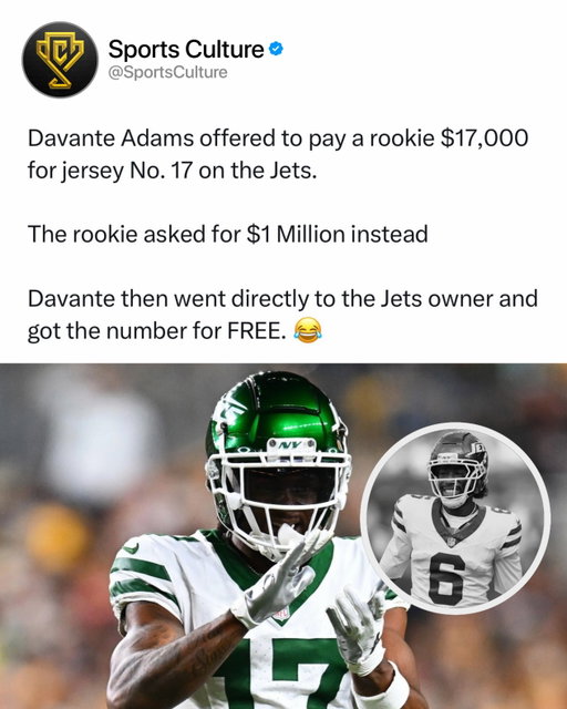 Got his jersey snatched for free 😭😭😭😭

Malachi Corley might have one of the funniest negotiations of training camp after reportedly telling Davante Adams it’ll cost $1 million if he wants jersey No. 17. Even if everyone knows these number negotiations are usually done with a little humor, throwing out a seven-figure price tag to a future Hall of Famer immediately got fans talking. That’s one way to make sure your teammate knows you value your jersey.

Jersey number trades have become a tradition across the NFL, especially when a star joins a new team. Some players ask for gifts, others settle for watches, vacations, or donations, but asking for a cool million is definitely one of the boldest opening offers you’ll hear. Corley made sure everyone knew he wasn’t giving up No. 17 without making it interesting.

Whether the final deal ends up being cash, gifts, or something completely different, it’s already become one of the most entertaining stories from Jets camp. Fans love seeing moments like this because it shows the personalities inside the locker room, and Corley’s opening bid had people laughing across social media.

Follow US (@sportsculture) to stay tapped in if you love sports 🔥

Via @bussinwtb
