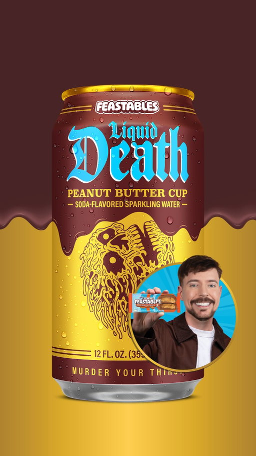 Tastes like a chocolate peanut butter cup milkshake, but in soda form by @liquiddeath and @feastables. Now on Amazon and in select stores near you.