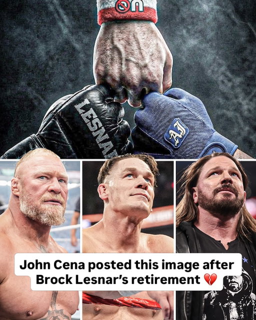 Cena put out a photo on his instagram of himself, Brock Lesnar and AJ Styles fist bumping after Lesnar announced his WWE retirement yesterday 💔

End of an era 😢 (📸 @johncena @wwe)