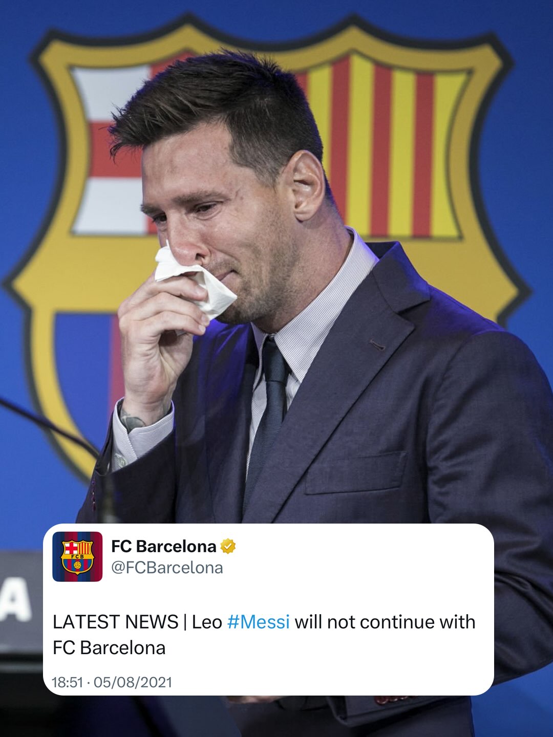 🥺💭 𝐎𝐍 𝐓𝐇𝐈𝐒 𝐃𝐀𝐘 five years-ago, FC Barcelona announced that club 𝐋𝐄𝐆𝐄𝐍𝐃 Lionel Messi will leave the club after his contract ended. 💙❤️

A day that 𝐒𝐇𝐎𝐂𝐊𝐄𝐃 world football as Messi said goodbye to Barca… 672 goals and 269 assists in just 778 games for the team Messi loved most. 👋🏻🇦🇷

“My message to Barça fans? I 𝐦𝐢𝐬𝐬 all of you, I hope we will meet again soon! Feel proud to be part of the 𝐛𝐞𝐬𝐭 𝐜𝐥𝐮𝐛 𝐢𝐧 𝐭𝐡𝐞 𝐰𝐨𝐫𝐥𝐝” Messi said in 2024 ✨

𝐁𝐀𝐑𝐂𝐄𝐋𝐎𝐍𝐀’𝐒 𝐆𝐑𝐄𝐀𝐓𝐄𝐒𝐓 🌟🐐
