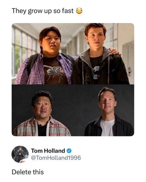 One day you’re the kids… the next you’re somehow Doctor Strange and Wong 😭

This meme works because Tom Holland and Jacob Batalon actually share some resemblance with Benedict Cumberbatch and Benedict Wong. Tom’s slimmer face and features can look a bit like a younger Doctor Strange, while Jacob and Wong have been compared by fans for years, making the “grown up” edit surprisingly convincing at first glance.

It also helps that Peter Parker and Ned spend much of the later Spider Man films alongside Doctor Strange and Wong, so the pairing already feels familiar. Tom Holland’s fake reply, “Delete this,” is the perfect finishing touch, as if even he can’t unsee the resemblance once the internet pointed it out.