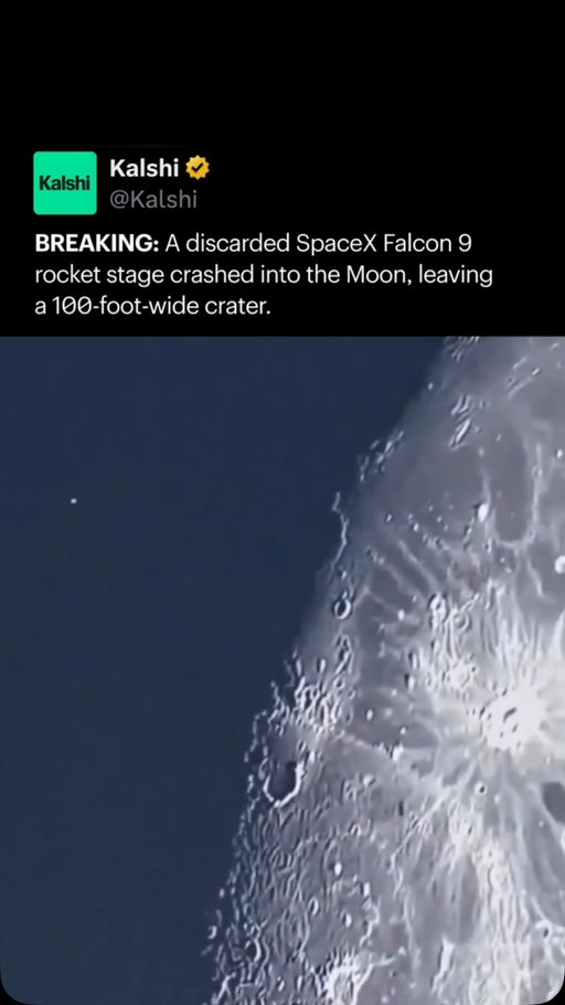 A discarded SpaceX Falcon 9 upper stage crashed into the Moon after drifting through space for more than a year following a 2025 lunar mission. 

Scientists confirmed the impact, which created a crater roughly 100 feet wide and offers a rare opportunity to study lunar impacts and space debris.

The video depicts an official simulation of the impact, not a live footage.