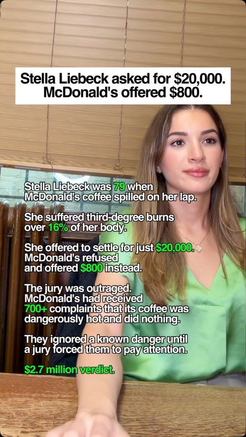 Stella Liebeck never wanted a $2.7 million verdict. She wanted $20,000 to cover the cost of treating third-degree burns covering 16% of her body after McDonald’s coffee spilled on her lap at 79 years old.

McDonald’s said no and offered $800 instead.

Then the jury found out McDonald’s had received over 700 complaints about dangerously hot coffee and did absolutely nothing. That is not an accident. That is a decision.

The verdict was not about greed. It was about holding a company accountable for knowingly ignoring a danger until someone got seriously hurt.

That is exactly what personal injury law is designed to do.

We handle car accidents, truck accidents, motorcycle accidents, slip-and-fall, premises liability, construction accidents, and personal injury cases across all 5 boroughs of New York City.

Free consultation: (516) 531-7833.
