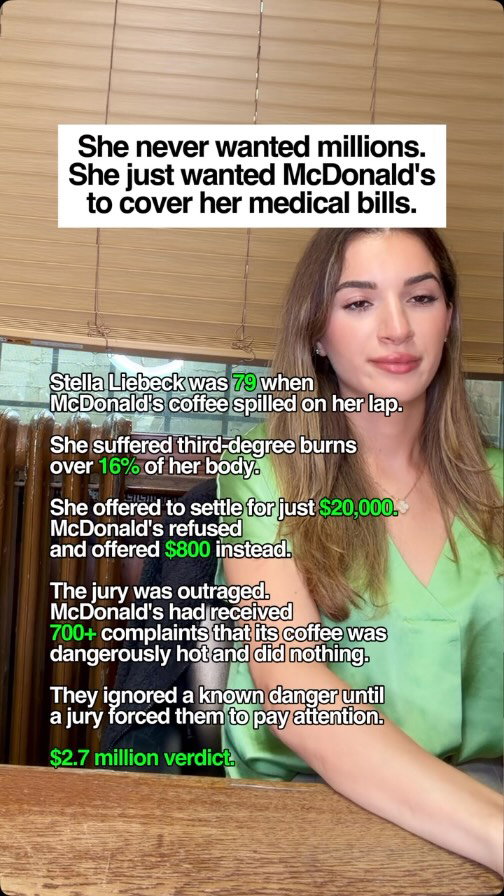 The McDonald’s hot coffee case is the most misunderstood personal injury case in history. Here is what actually happened.

Stella Liebeck was 79 years old when coffee spilled on her lap and caused third-degree burns over 16% of her body. She did not ask for millions. She offered to settle for $20,000 to cover her medical bills. McDonald’s offered $800.

What the jury found out changed everything. McDonald’s had received over 700 complaints that their coffee was dangerously hot and did nothing about it. They knew. They chose to ignore it.

The jury awarded $2.7 million because that is what it takes to make a corporation that ignores 700 warnings finally pay attention.

This is why personal injury law exists.

We handle car accidents, truck accidents, motorcycle accidents, slip-and-fall, premises liability, construction accidents, and personal injury cases across all 5 boroughs of New York City.

Free consultation: (516) 531-7833.