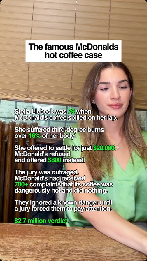 She asked for $20,000. They offered $800. Then the jury heard the full story.

Stella Liebeck was 79 when McDonald’s coffee caused third-degree burns over 16% of her body. Her request was simple: cover the medical bills. McDonald’s responded with an $800 offer and a refusal to negotiate.

What they did not expect was a jury finding out they had received over 700 prior complaints about dangerously hot coffee and ignored every single one.

$2.7 million later, the most famous personal injury case in history had a verdict. Not because Stella was greedy. Because McDonald’s knew about the danger and chose profits over people.

Never let anyone tell you personal injury law is frivolous.

We handle car accidents, truck accidents, motorcycle accidents, slip and fall, premises liability, construction accidents, and personal injury cases across all 5 boroughs of New York City.

Free consultation: (516) 531-7833.