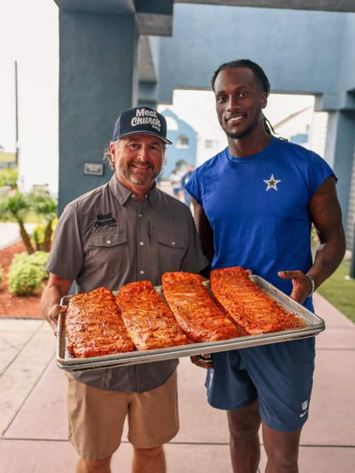 Day 2 of @dallascowboys Training Camp was full of cooking for my Boys. What an honor as always!

I signed my first football (🤯) and did an interview with ESPN San Antonio. 

We cooked 200 @44farms ribeyes (Holy Cow + Garlic Jalapeño BLANCO) on my @mill.scale Fire Table & @greenerpastureschicken (The Gospel + Holy Cola BBQ Sauce) on one of my @mill.scale offset smokers. 

We also made some “Joe Meat” ribs with my man @joemilton5. 

What a day with the Dallas Cowboys!