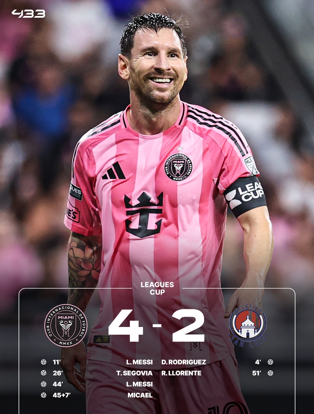 𝐋𝐄𝐎 𝐌𝐄𝐒𝐒𝐈 𝐑𝐄𝐓𝐔𝐑𝐍𝐒 𝐖𝐈𝐓𝐇 ⚽⚽🅰️ 😮‍💨

Back in Inter Miami's starting XI after the World Cup and directly involved in 3 of their 4 goals 🥵

He now has 9️⃣2️⃣1️⃣ career goals and 4️⃣1️⃣9️⃣ career assists. Incredible...

Inter Miami kick off their Leagues Cup campaign with a win ✔️ 

🎥 @mls @leaguescup