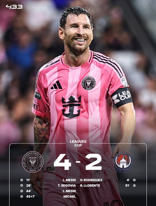 𝐋𝐄𝐎 𝐌𝐄𝐒𝐒𝐈 𝐑𝐄𝐓𝐔𝐑𝐍𝐒 𝐖𝐈𝐓𝐇 ⚽⚽🅰️ 😮‍💨

Back in Inter Miami's starting XI after the World Cup and directly involved in 3 of their 4 goals 🥵

He now has 9️⃣2️⃣1️⃣ career goals and 4️⃣1️⃣9️⃣ career assists. Incredible...

Inter Miami kick off their Leagues Cup campaign with a win ✔️ 

🎥 @mls @leaguescup