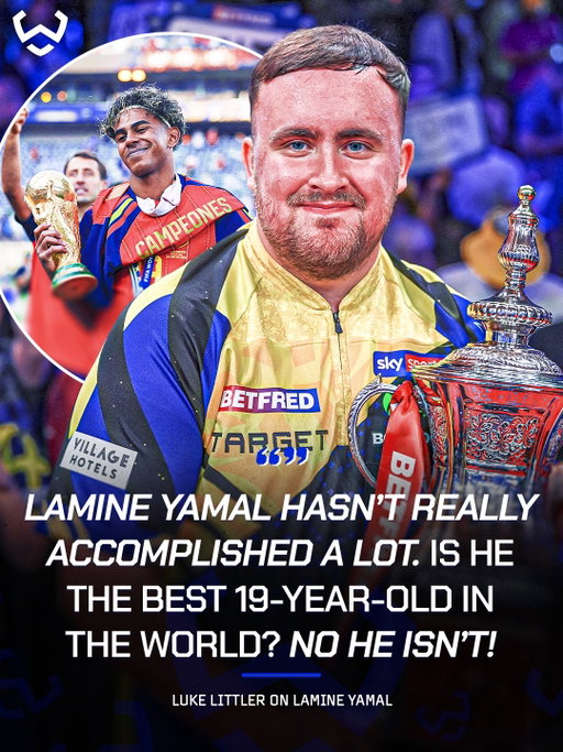 Luke Littler says he’s above Lamine Yamal and Jannik Sinner. 😤

The World Darts champion says he’s the best 19 year old in the world right now.

🗣️ “Spain won the World Cup and everyone is talking about Lamine Yamal. He didn’t really do much, did he? Scored maybe one goal. Assisted too.”

🗣️ “Is he the best 19 year old in the world? No, he’s not.”

Littler says as long as he keeps winning and lifting trophies, that’s all that matters. 🏆