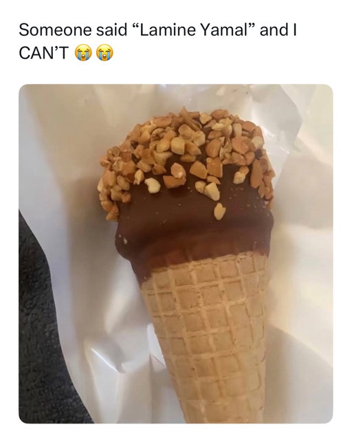 I can never look at this ice cream the same way again 😭

This is one of those internet comparisons that makes absolutely no sense until you see it. The chocolate dipped cone covered in chopped nuts somehow resembles football star Lamine Yamal, from the textured “hair” on top to the shape of the face. Once someone points it out, it’s surprisingly hard to unsee.

The meme has been making the rounds because fans keep finding random everyday objects that vaguely look like Lamine Yamal, adding to the growing collection of absurd look alike jokes surrounding the Barcelona and Spain wonderkid. It’s another reminder that the internet can turn literally anything into a meme if the resemblance is just convincing enough.