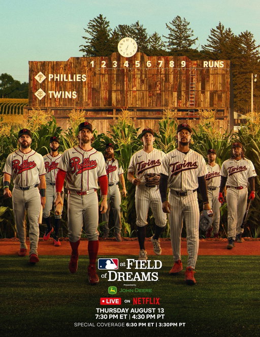 Only one more week until the players walk out of the corn again 🌽⚾️

MLB at Field of Dreams with Phillies vs Twins is LIVE on Netflix Thursday, August 13 at 7:30PM ET | 4:30PM PT. Special coverage begins at 6:30PM ET | 3:30PM PT.