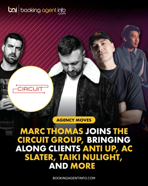 Marc Thomas joins The Circuit Group (@circuitgroup) as Head of Artist Management, UK + Europe, bringing along a roster of premier electronic talent including Anti Up, AC Slater, Taiki Nulight, Emily Makis, and Chris Lorenzo.

In his new role, Thomas will oversee the company's regional artist management operations while helping drive Circuit’s continued international expansion. He will also continue to co-manage house staple Chris Lorenzo alongside Circuit Group’s Michael Carella.

He joins the global management firm following a successful tenure at Red Light Management, where he established himself as a key figure in the international dance and bass music scenes, developing acts across house, bassline, and garage while bridging the gap between UK dance culture and North American touring markets.

Create a free account at BookingAgentInfo.com to be the first to know about new agency moves.

Follow @bookingagentinfo_ for more.